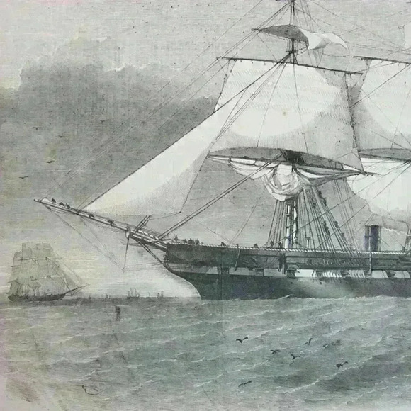 Art Print United States Steam Frigate Merrimack Naval Ship Seascape Antique 1856 - Picture 4 of 12